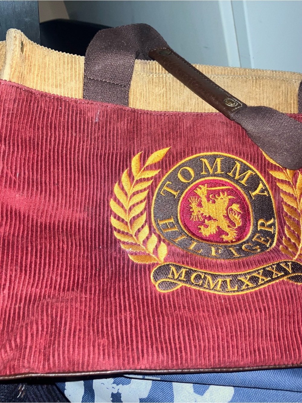 Tommy Hilfiger Red Corduroy Tote with Gold Crest and Brown Handles